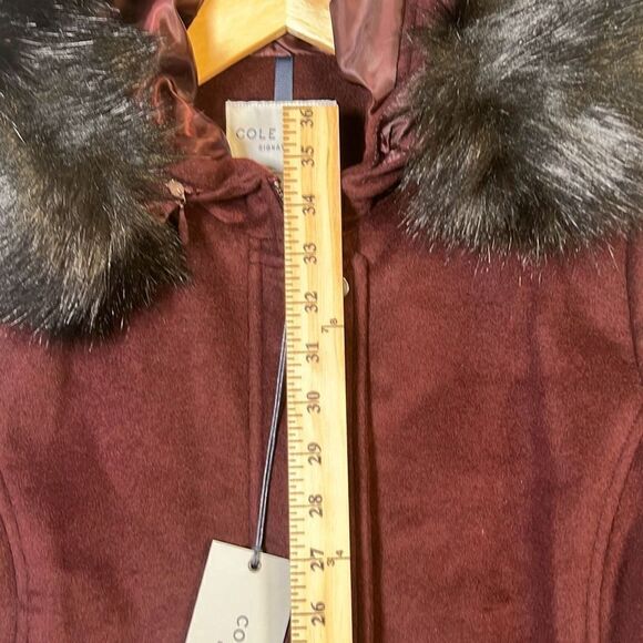 Cole Haan Women's Hooded Coat Slick Wool with Detatchable Faux Fur Trim- Women 4 - Picture 5 of 9